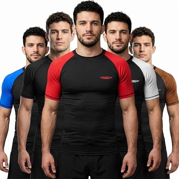 Exxact Sports Men’s BJJ Rash Guard Short Sleeve, IBJJF Ranked No Gi Jiu Jitsu Compression Shirt for MMA Grappling & Training - (Black/Red, A2XL)