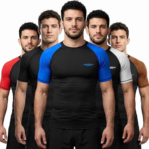 Exxact Sports Men’s BJJ Rash Guard Short Sleeve, IBJJF Ranked No Gi Jiu Jitsu Compression Shirt for MMA Grappling & Training - (Black/Royal Blue, AM)