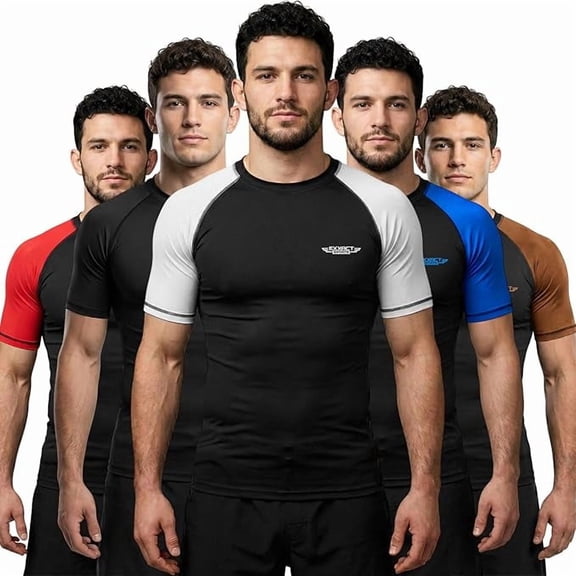 Exxact Sports Men’s BJJ Rash Guard Short Sleeve, IBJJF Ranked No Gi Jiu Jitsu Compression Shirt for MMA Grappling & Training - (Black/White, AM)