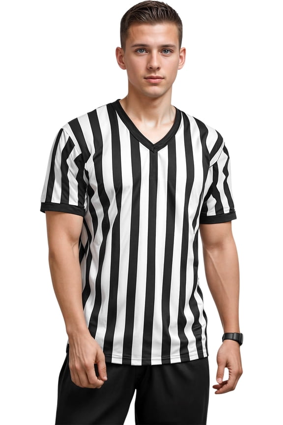 Official Black and White Striped Referee Shirt/Jersey with V Neck Multi Sports (AS, V-Neck)