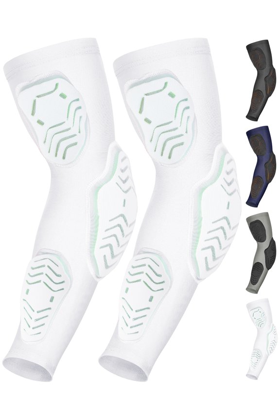 Padded Arm Sleeves Football - 3-Pad Tricep Elbow Forearm Coverage - Compression Support for Youth and Adults (White, Adult L/XL)