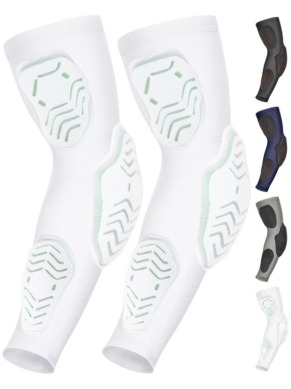 Padded Arm Sleeves Football - 3-Pad Tricep Elbow Forearm Coverage - Compression Support for Youth and Adults (White, Adult S/M)