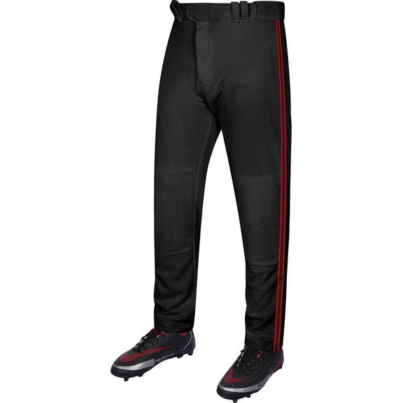 Exxact Sports Proline Full Length Baseball Pants Adult with Stripes, Relaxed Fit Open Bottom Men Baseball Pants (Black/Red, A6XL)