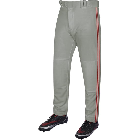 Exxact Sports Proline Full Length Baseball Pants Youth with Stripes, Relaxed Fit Open Bottom Boys Baseball Pants (Grey/Red, YL)