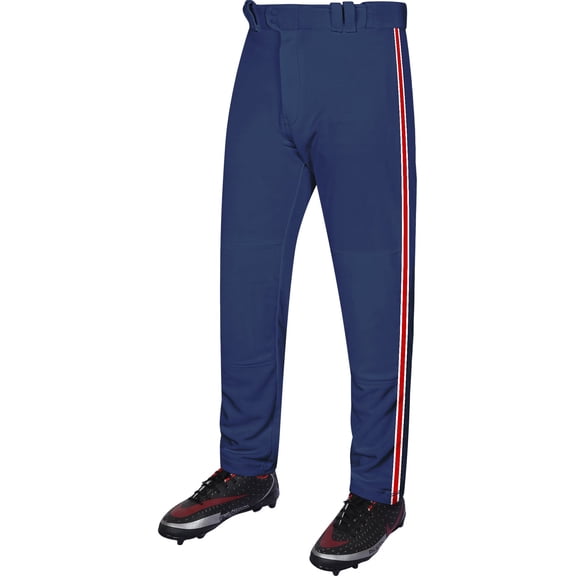 Exxact Sports Proline Full Length Baseball Pants Adult with Stripes, Relaxed Fit Open Bottom Men Baseball Pants (Navy/Red, White, A3XL)