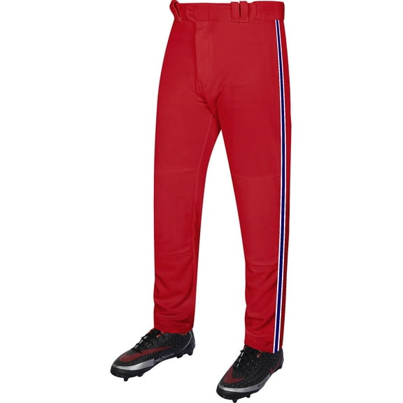 Exxact Sports Proline Full Length Baseball Pants Youth with Stripes, Relaxed Fit Open Bottom Boys Baseball Pants (Red/Navy, White, YXS)