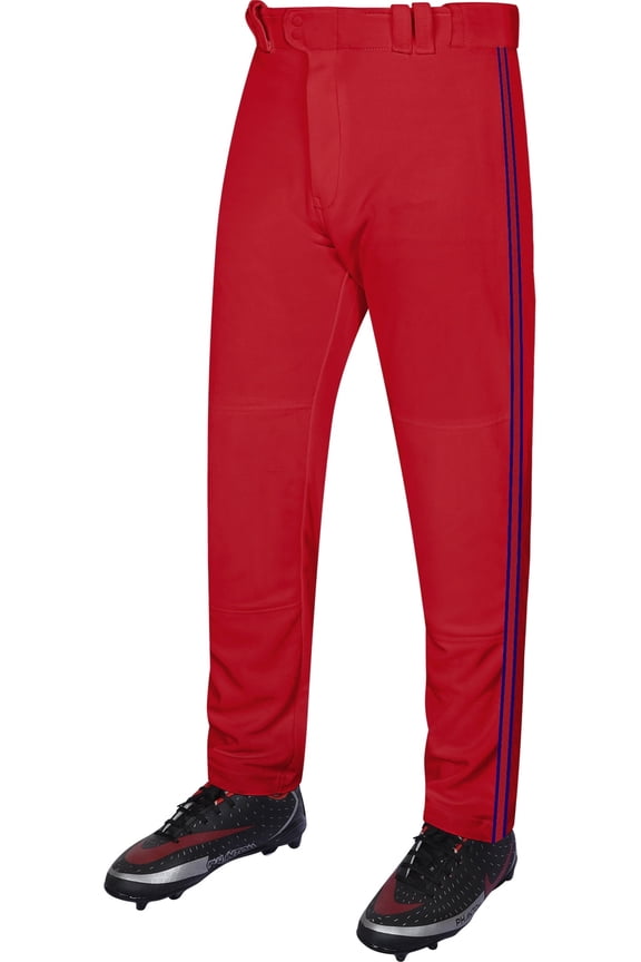 Proline Full Length Baseball Pants Youth with Stripes, Relaxed Fit Open Bottom Boys Baseball Pants (Red/Navy,YM)