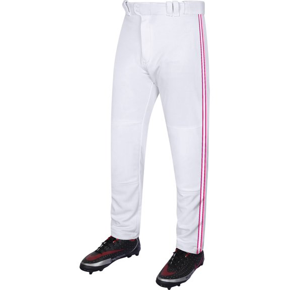 Exxact Sports Proline Full Length Baseball Pants Adult with Stripes, Relaxed Fit Open Bottom Men Baseball Pants (White/Pink, A3XL)