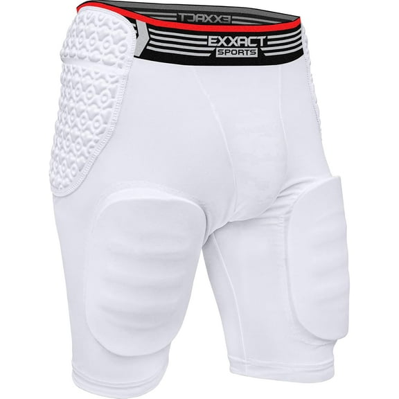 Exxact Sports Rebel 5-Pad Adult Football Girdle for Men with Integrated Hip, Thighs, Tailbone Pads, Padded Compression Shorts, Mens Girdle Football with Cup Pocket (White, AXL)