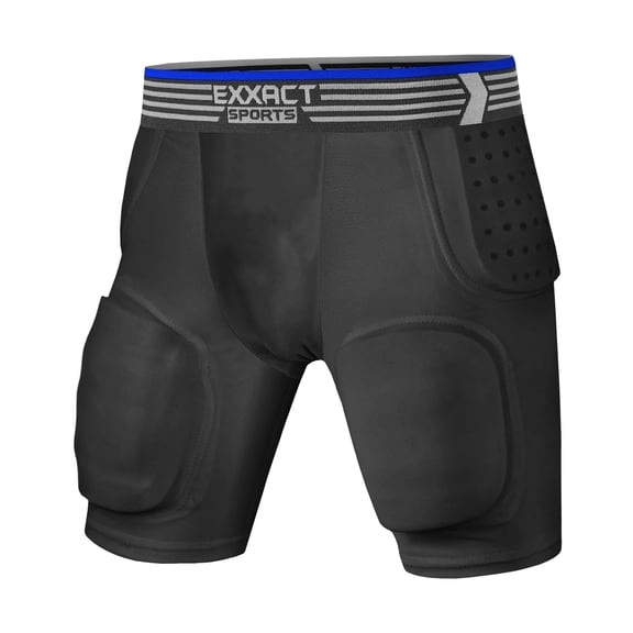 Exxact Sports Rebel 5-Pad Youth Football Girdle for Boys with Integrated Hip, Thighs, Tailbone Pads, Padded Compression Shorts, Football Girdle Youth with Cup Pocket (Black, YM)