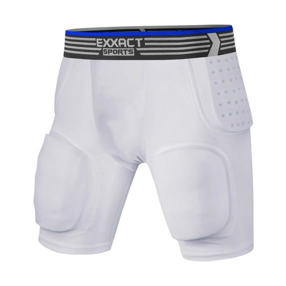 Exxact Sports Rebel 5-Pad Youth Football Girdle for Boys with Integrated Hip, Thighs, Tailbone Pads, Padded Compression Shorts, Football Girdle Youth with Cup Pocket (White, Y2XS)