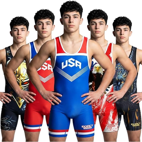 Exxact Sports Sublimated Men's Wrestling Singlet, High-Performance Powerlifting Singlet, Wrestling Singlets for Men (A2XL, Royal Blue USA)