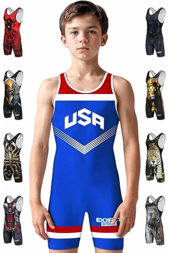Sublimated Youth Wrestling Singlet For Boys, Premium Powerlifting Singlet, Kids Wrestling Singlets For Training (YL, Royal Blue USA)