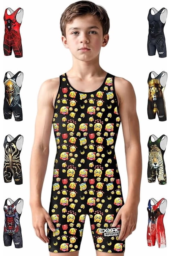 Sublimated Youth Wrestling Singlet For Boys, Premium Powerlifting Singlet, Kids Wrestling Singlets For Training (YM, Emoji)