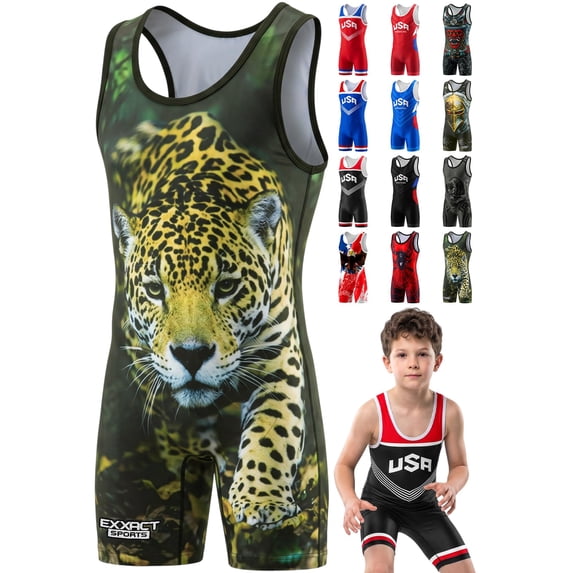 Exxact Sports Sublimated Youth Wrestling Singlet For Boys, Premium Powerlifting Singlet, Kids Wrestling Singlets For Training (YS, Leopard)