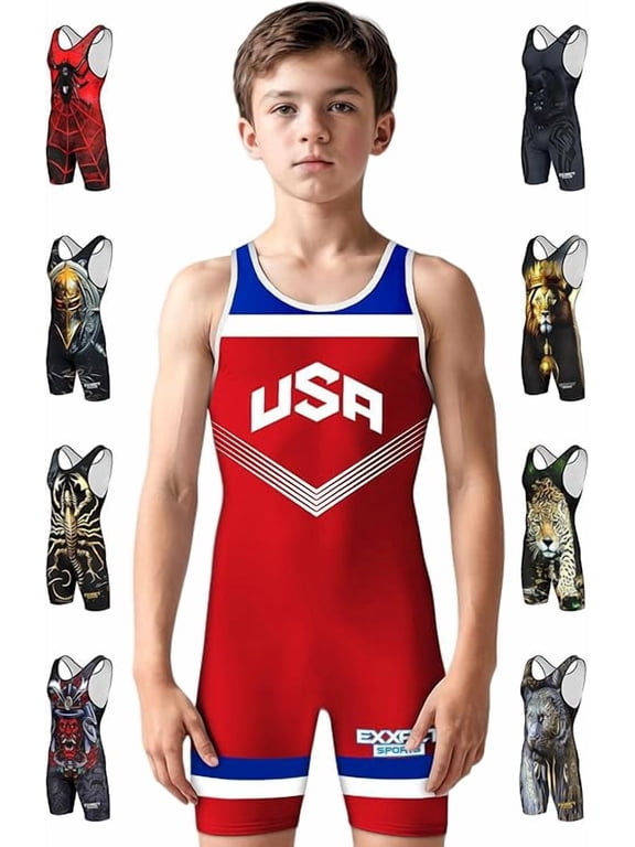 Sublimated Youth Wrestling Singlet For Boys, Premium Powerlifting Singlet, Kids Wrestling Singlets For Training (YS, Red USA)