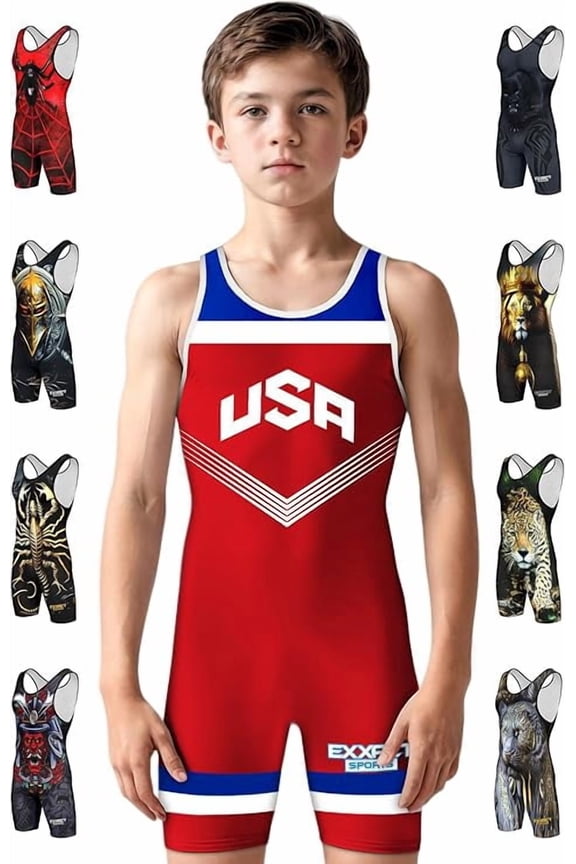 Sublimated Youth Wrestling Singlet For Boys, Premium Powerlifting Singlet, Kids Wrestling Singlets For Training (YS, Red USA)