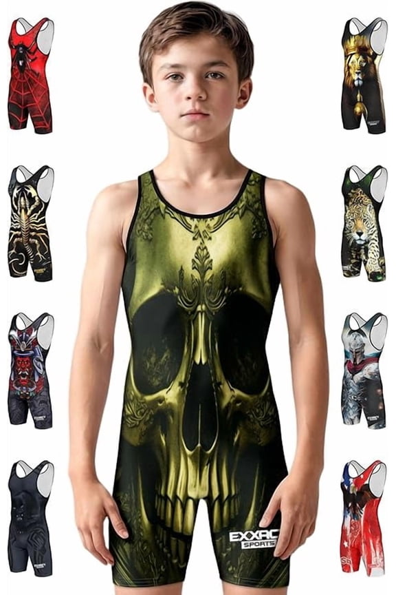 Sublimated Youth Wrestling Singlet For Boys, Premium Powerlifting Singlet, Kids Wrestling Singlets For Training (YS, Skull)