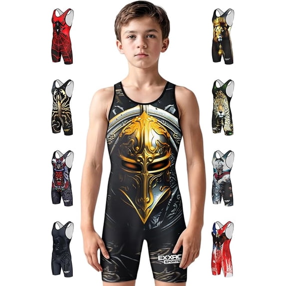 Exxact Sports Sublimated Youth Wrestling Singlet For Boys, Premium Powerlifting Singlet, Kids Wrestling Singlets For Training (YS, Spartans)