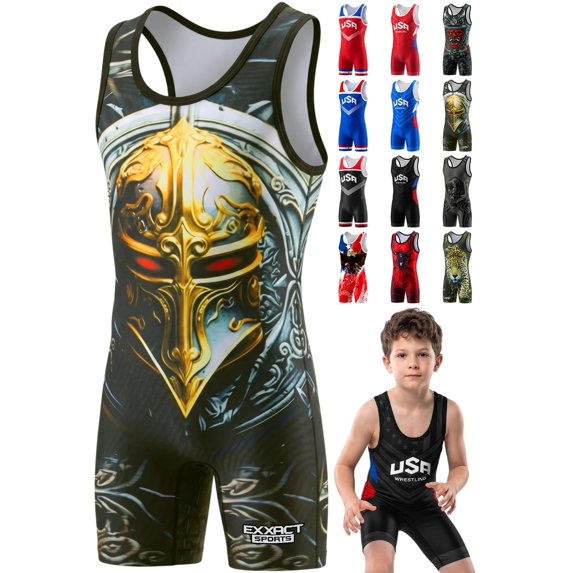 Exxact Sports Sublimated Youth Wrestling Singlet For Boys, Premium Powerlifting Singlet, Kids Wrestling Singlets For Training (YS, Spartans)