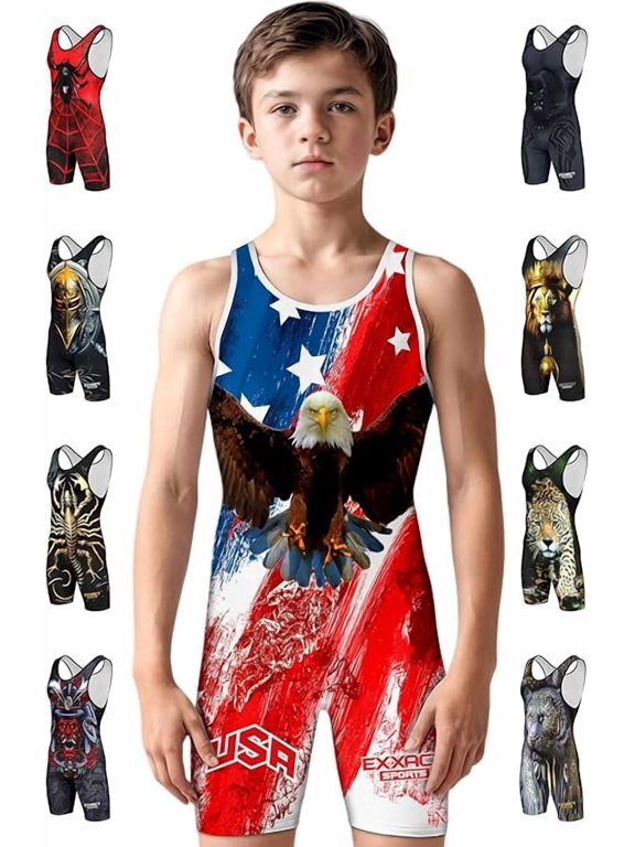 Sublimated Youth Wrestling Singlet For Boys, Premium Powerlifting Singlet, Kids Wrestling Singlets For Training (YXS, Brushy USA)
