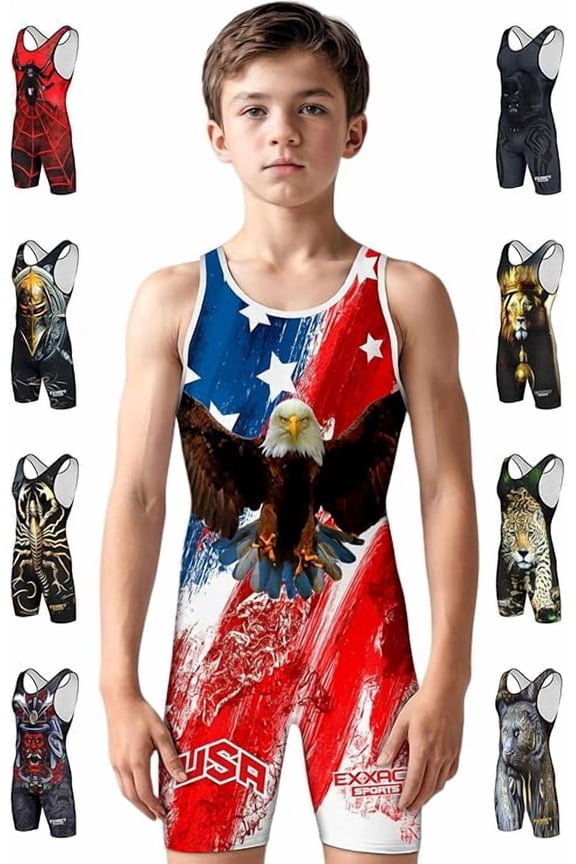 Sublimated Youth Wrestling Singlet For Boys, Premium Powerlifting Singlet, Kids Wrestling Singlets For Training (YXS, Brushy USA)