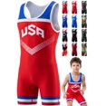 thumbnail image 1 of Exxact Sports Sublimated Youth Wrestling Singlet For Boys, Premium Powerlifting Singlet, Kids Wrestling Singlets For Training (YXS, Red USA), 1 of 7
