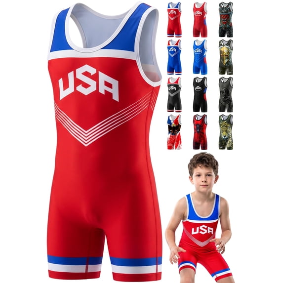 Exxact Sports Sublimated Youth Wrestling Singlet For Boys, Premium Powerlifting Singlet, Kids Wrestling Singlets For Training (YXS, Red USA)