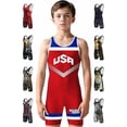 thumbnail image 1 of Exxact Sports Sublimated Youth Wrestling Singlet For Boys, Premium Powerlifting Singlet, Kids Wrestling Singlets For Training (YXS, Red USA), 1 of 7