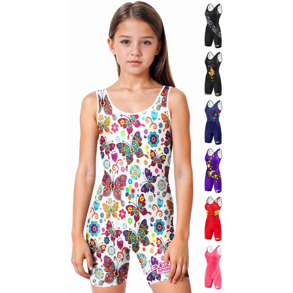 Exxact Sports Sublimated Youth Girls Wrestling Singlet – High-Cut, Full-Coverage Kids Wrestling Singlets For Girls (White Butterfly, YS)