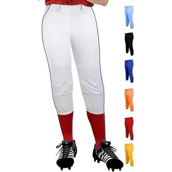 Exxact Sports Womens Softball Pants Knicker/Yoga Style Knee Length, 4-Way Stretch Low Rise Softball Pants for Women - (AM, White/Navy Braid)