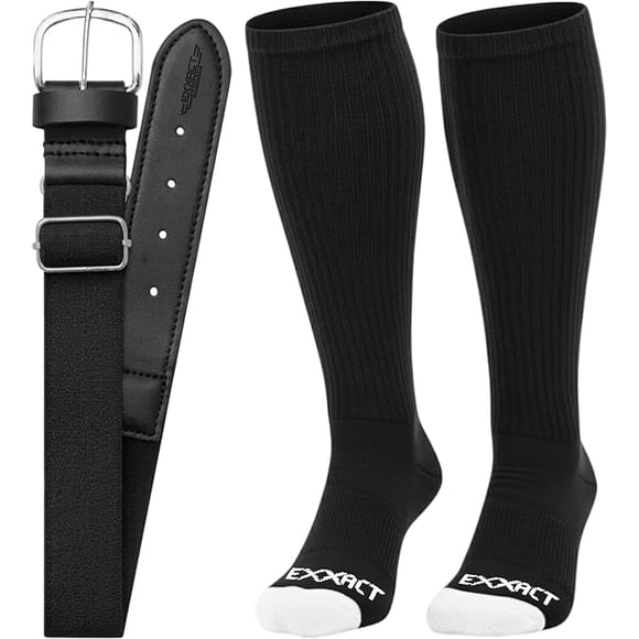 Exxact Sports Youth Baseball Socks and Belt Combo for Boys Girls - Soft, Durable Softball Socks and Belt Youth & Adult Sizes (Black, S)