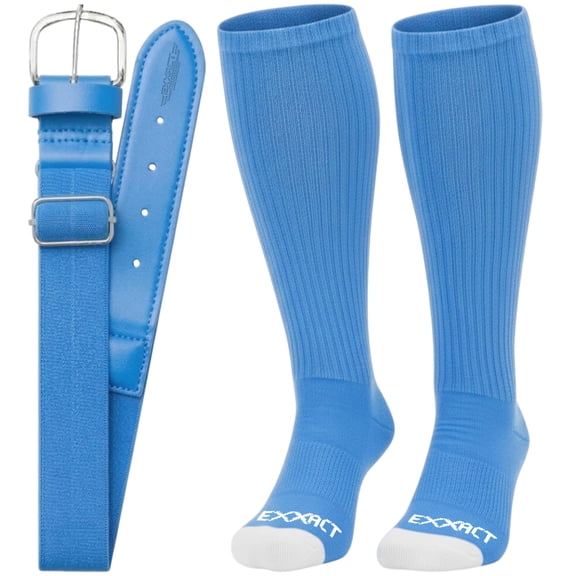 Exxact Sports Youth Baseball Socks and Belt Combo for Boys Girls - Soft, Durable Softball Socks and Belt Youth & Adult Sizes (Columbia Blue, Small)