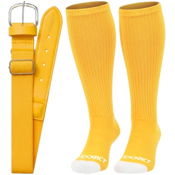 Exxact Sports Youth Baseball Socks and Belt Combo for Boys Girls - Soft, Durable Softball Socks and Belt Youth & Adult Sizes (Gold, Medium)