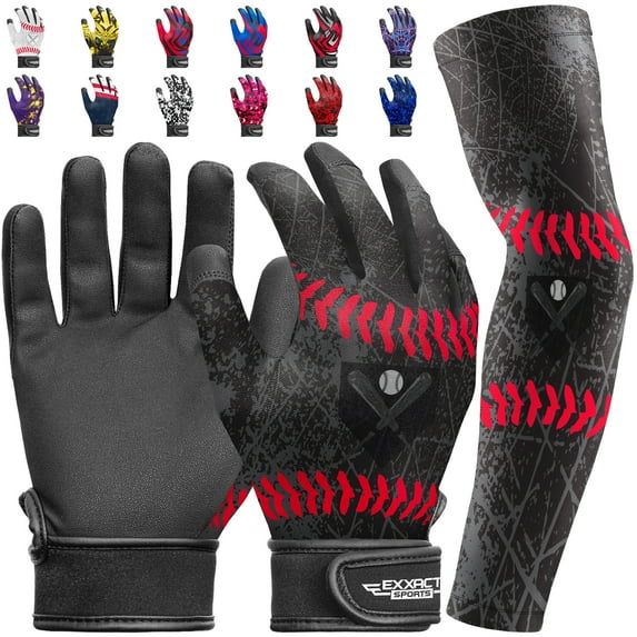 Exxact Sports Youth Batting Gloves with Arm Sleeve for Boys & Girls, Kids Baseball Batting Gloves for Softball, T-Ball (Youth L/XL, Black)