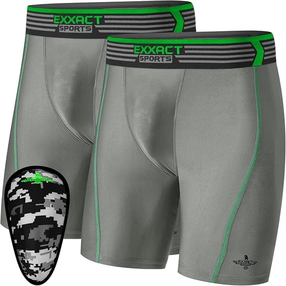 Exxact Sports Youth Compression Shorts with Soft Athletic Cup for Baseball Football Hockey, Boys Cup Underwear with Cup - (Pack Of 2, YXL, Gray)