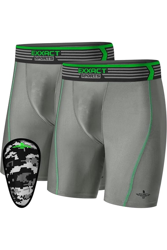 Youth Compression Shorts with Soft Athletic Cup for Baseball Football Hockey, Boys Cup Underwear with Cup - (Pack Of 2, YXL, Gray)