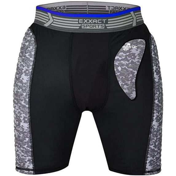 Exxact Sports Youth Compression Sliding Shorts Padding Sides, Athletic Cup Plastic Baseball, Softball, Football, Lacrosse (Black/Gray, Youth X-Large)