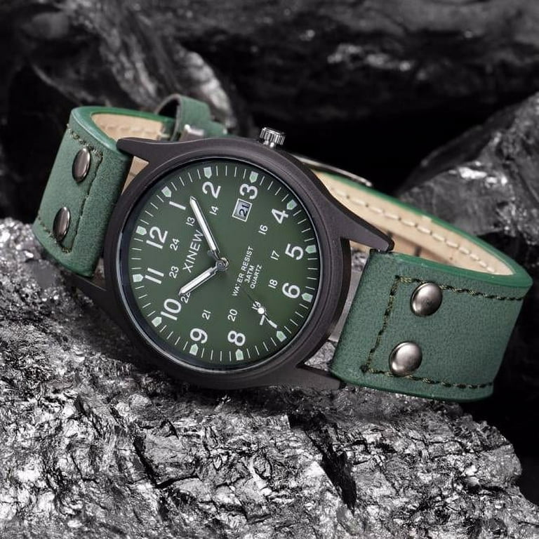 Exywaves Men s Watch Vintage Classic Waterproof Date Leather Strap Sport Quartz Army Watch Wrist Watches