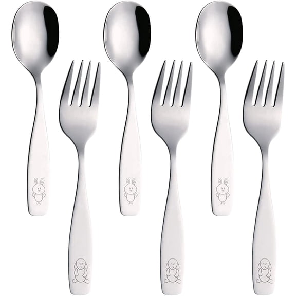 Exzact Children's Cutlery Stainless Steel 6pc - 3 x Forks, 3 x Dinner Spoons - Dog & Bunny Engraved