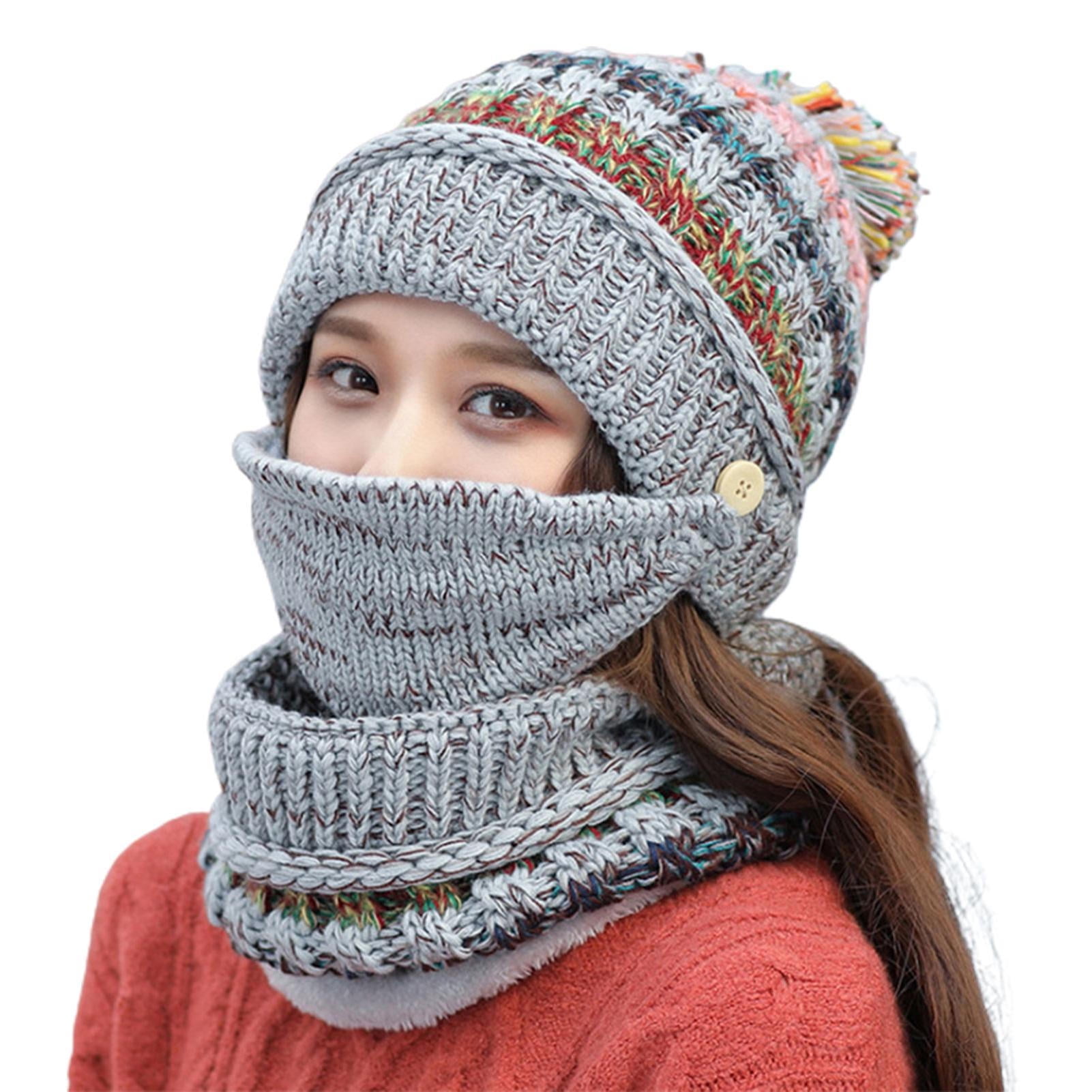 Eychin 3 in 1 Winter Knitted Beanie Hat Face Cover Scarf Set Warm ...