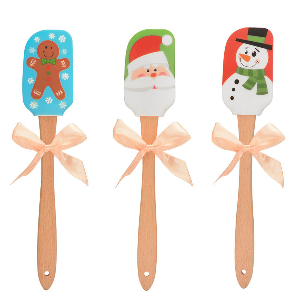 Eychin 3Pcs Christmas Silicone Spatula Set with Wooden Handle Snowman