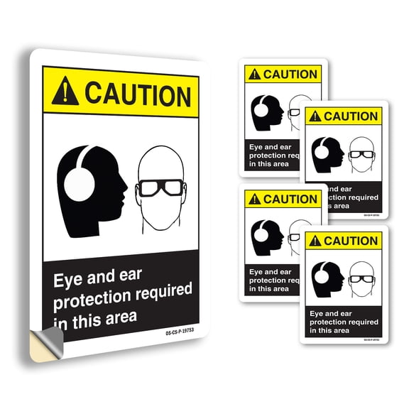 Eye And Ear Protection ANSI Caution Vinyl Decal Label 5 Inch x 3.5 Inch - 5 Pack