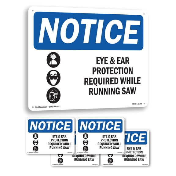 Eye And Ear Protection Required OSHA Notice Rigid Plastic Sign 18 Inch x 12 Inch - 5 Pack