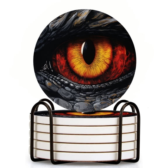 Eye Of Angry Dragon With Fiery Red And Yellow Iris Set of 6 Ceramic Coasters with Holder, Absorbent Drink Bar Coasters, Table Coasters for Living Room Decor Tabletop Protection