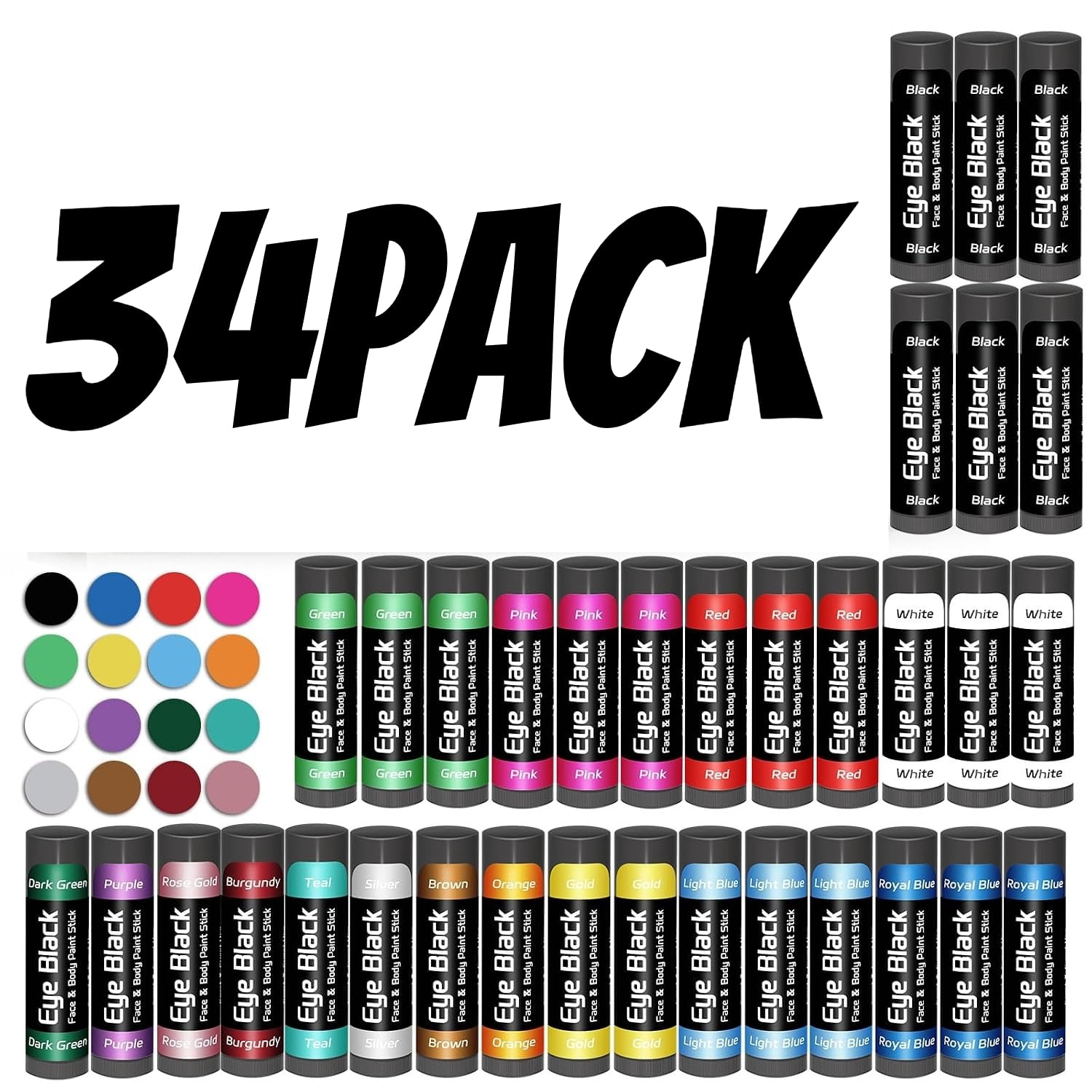 Fall Face Paint Sign Eye Black Stick 34‑Pack, Retractable Anti‑Glare Sports Face Paint ...