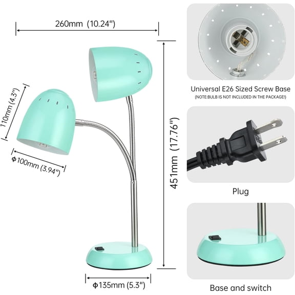 Eye-Caring Table Lamp of Simple Designs Home E26 Led Screw Basic Metal Desk Lamp with Flexible Gooseneck Hose Neck Study Lamp for Bedroom Office Living Room Convenient On/Off Switch(Green)