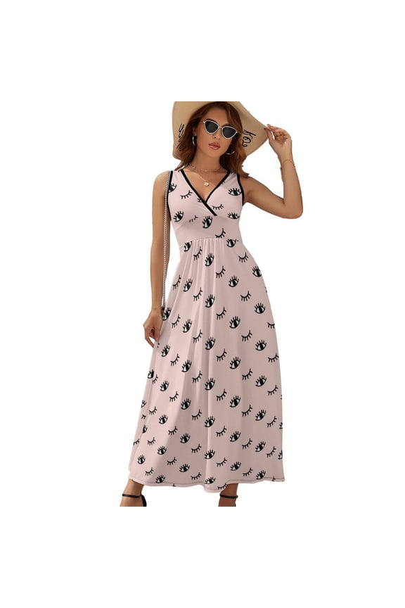 Eye Cartoon Eyelashes Dress Summer Street Style Bohemia Long Dresses Female Sleeveless Printed Maxi Dress