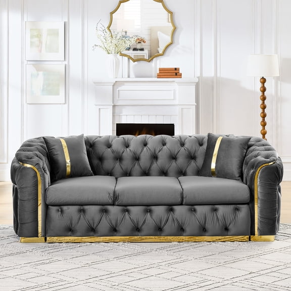 Eye - Catching Accents and Comfortable Support - Gray Velvet Chesterfield Sofa Set in Living Space