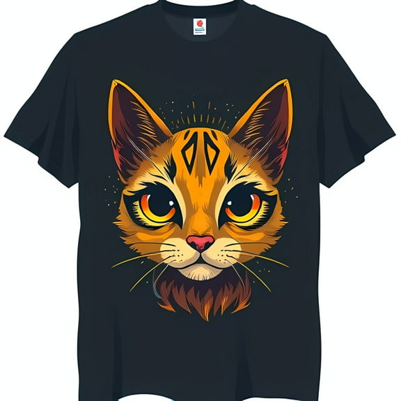 Eye Catching Black T-Shirt with Vibrant & Yellow Cat Face Graphic